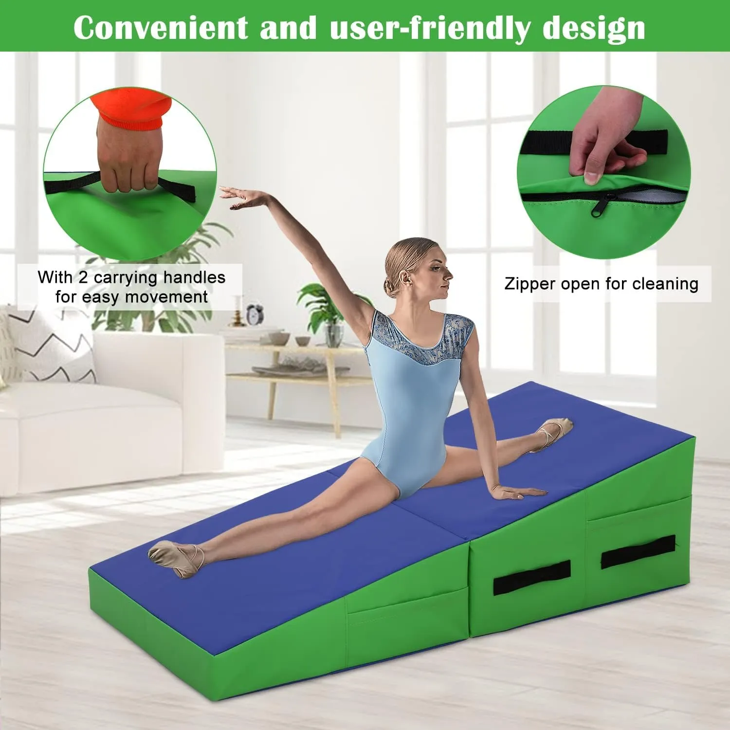 Folding Incline Gymnastics Mat for Tumbling, Folding Tumbling Mats Cheese Wedge Incline Mat with Non-Slip PU Leather Surface & Handles, Gym Fitness Tumbling Matts for Kids Girls Home Training Exercise