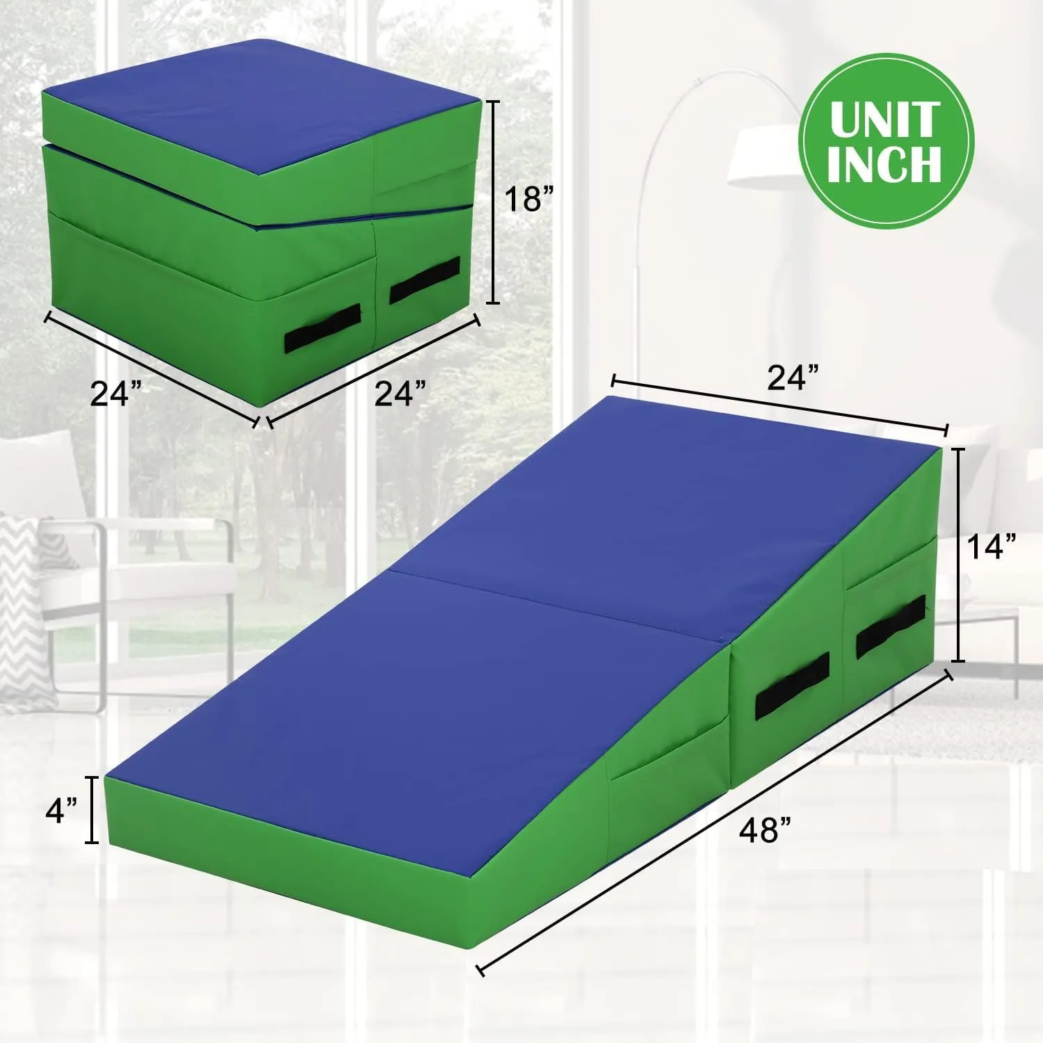 Folding Incline Gymnastics Mat for Tumbling, Folding Tumbling Mats Cheese Wedge Incline Mat with Non-Slip PU Leather Surface & Handles, Gym Fitness Tumbling Matts for Kids Girls Home Training Exercise