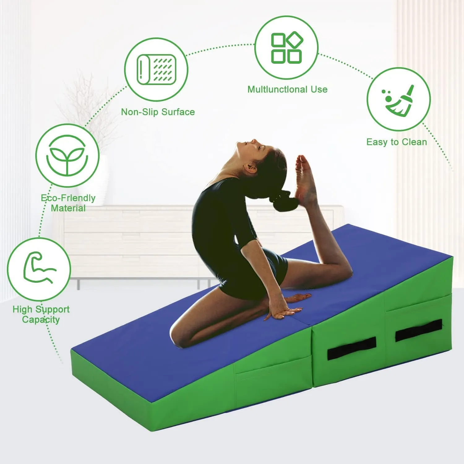 Folding Incline Gymnastics Mat for Tumbling, Folding Tumbling Mats Cheese Wedge Incline Mat with Non-Slip PU Leather Surface & Handles, Gym Fitness Tumbling Matts for Kids Girls Home Training Exercise