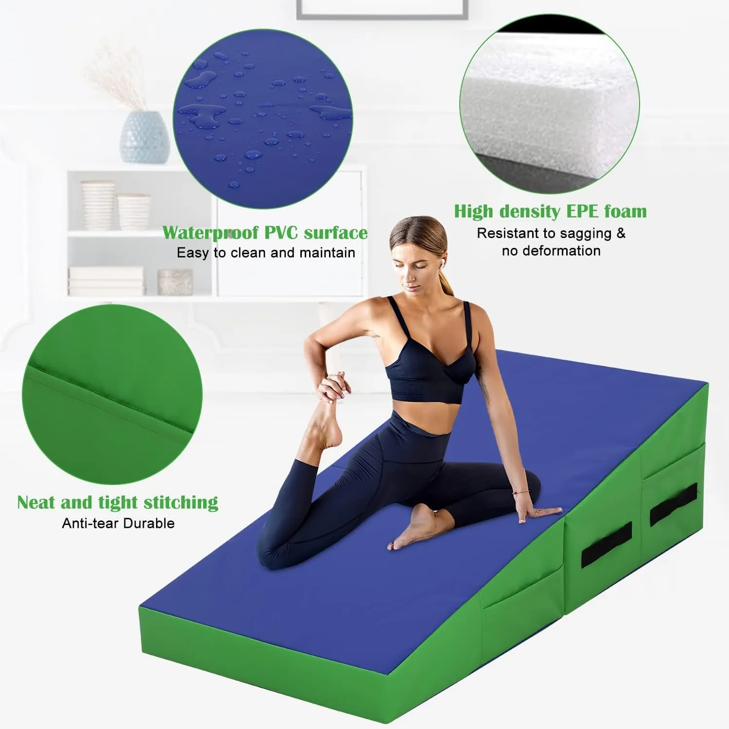 Folding Incline Gymnastics Mat for Tumbling, Folding Tumbling Mats Cheese Wedge Incline Mat with Non-Slip PU Leather Surface & Handles, Gym Fitness Tumbling Matts for Kids Girls Home Training Exercise