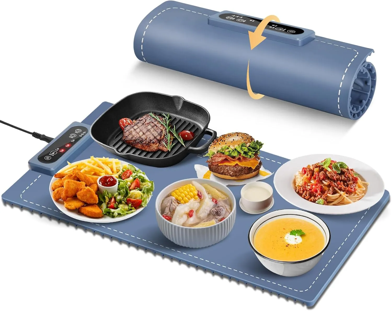 Food Warming Mat, Electric Warming Tray, Portable and Rollable, Premium Silicone Nano-Material, Fast Heating, 3 Temperature Settings & Auto Shut-Off for Buffet, Party, Thawing