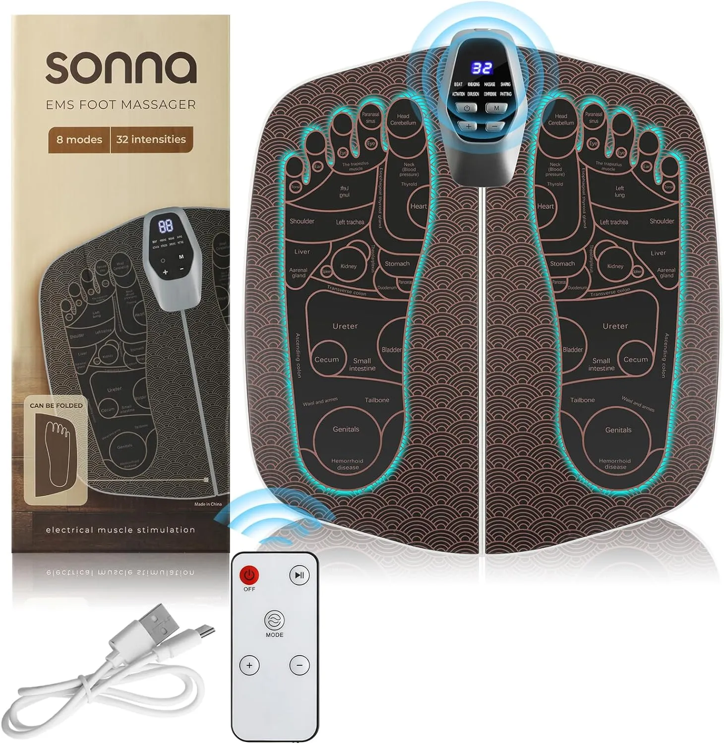Foot Massager Mat for Neuropathy,EMS Foot Massager for Circulation and Pain Relief, Foldable Feet and Calves Massage Machine with 8 Modes and 32 Intensity Levels for Muscle Relaxation,FSA HSA Eligible