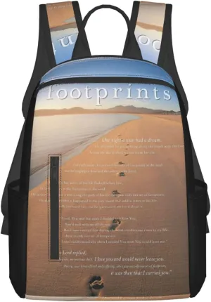 Footprints In The Sand Poem Lightweight Backpack For Women Men, Casual Polyester Daypack Bookbag Travel Hiking Bag, Durable Laptop Backpack