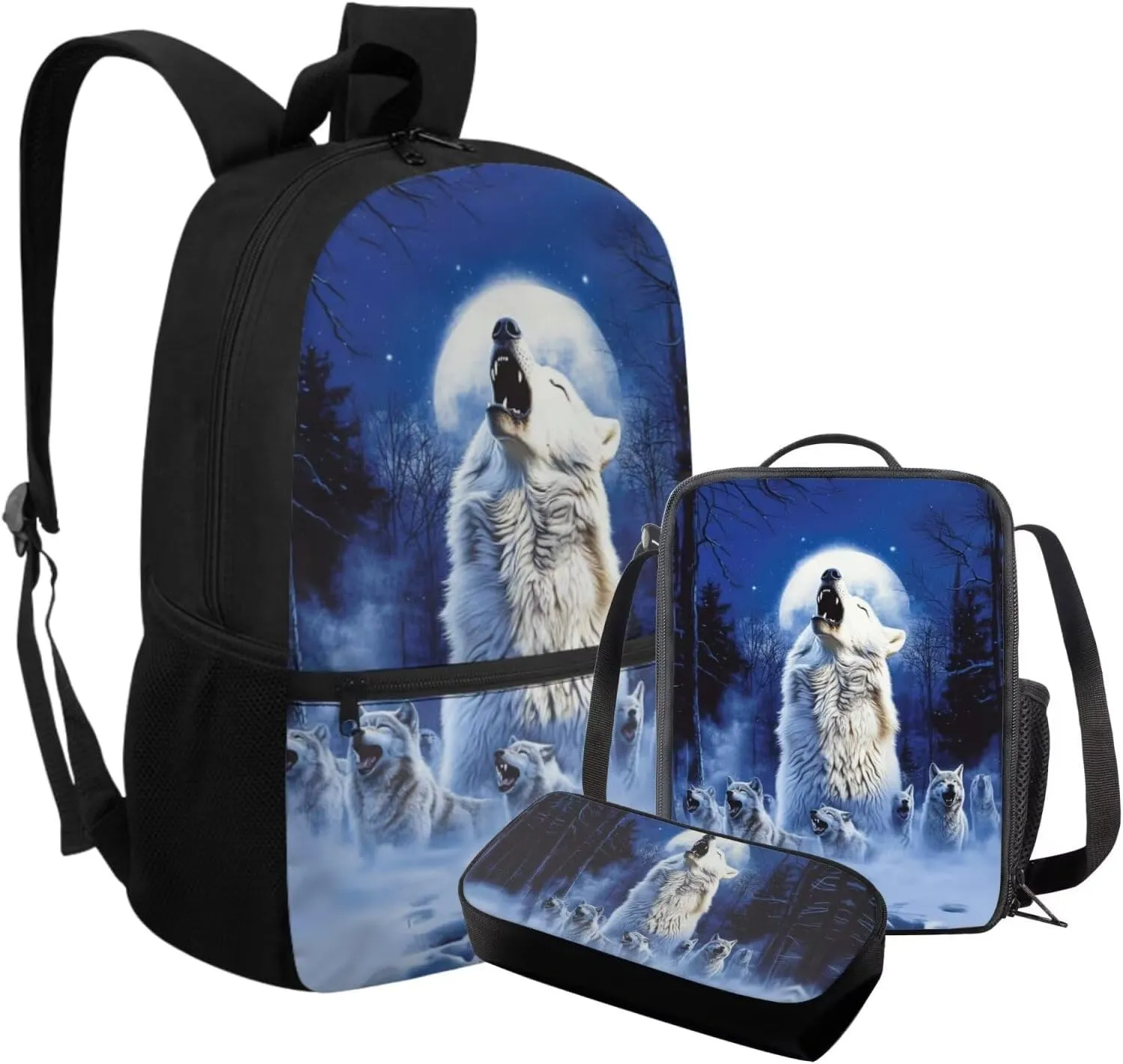 FOR U DESIGNS Wolf Backpack for Kids Trendy School Bag 1 Grade Stylish Kindergarten Bookbag Set with Lunch Box 17 Inch Book Bags for Kids 3 Pcs Travel Daypack