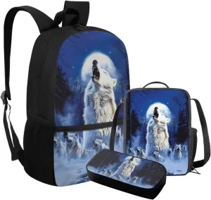 FOR U DESIGNS Wolf Backpack for Kids Trendy School Bag 1 Grade Stylish Kindergarten Bookbag Set with Lunch Box 17 Inch Book Bags for Kids 3 Pcs Travel Daypack