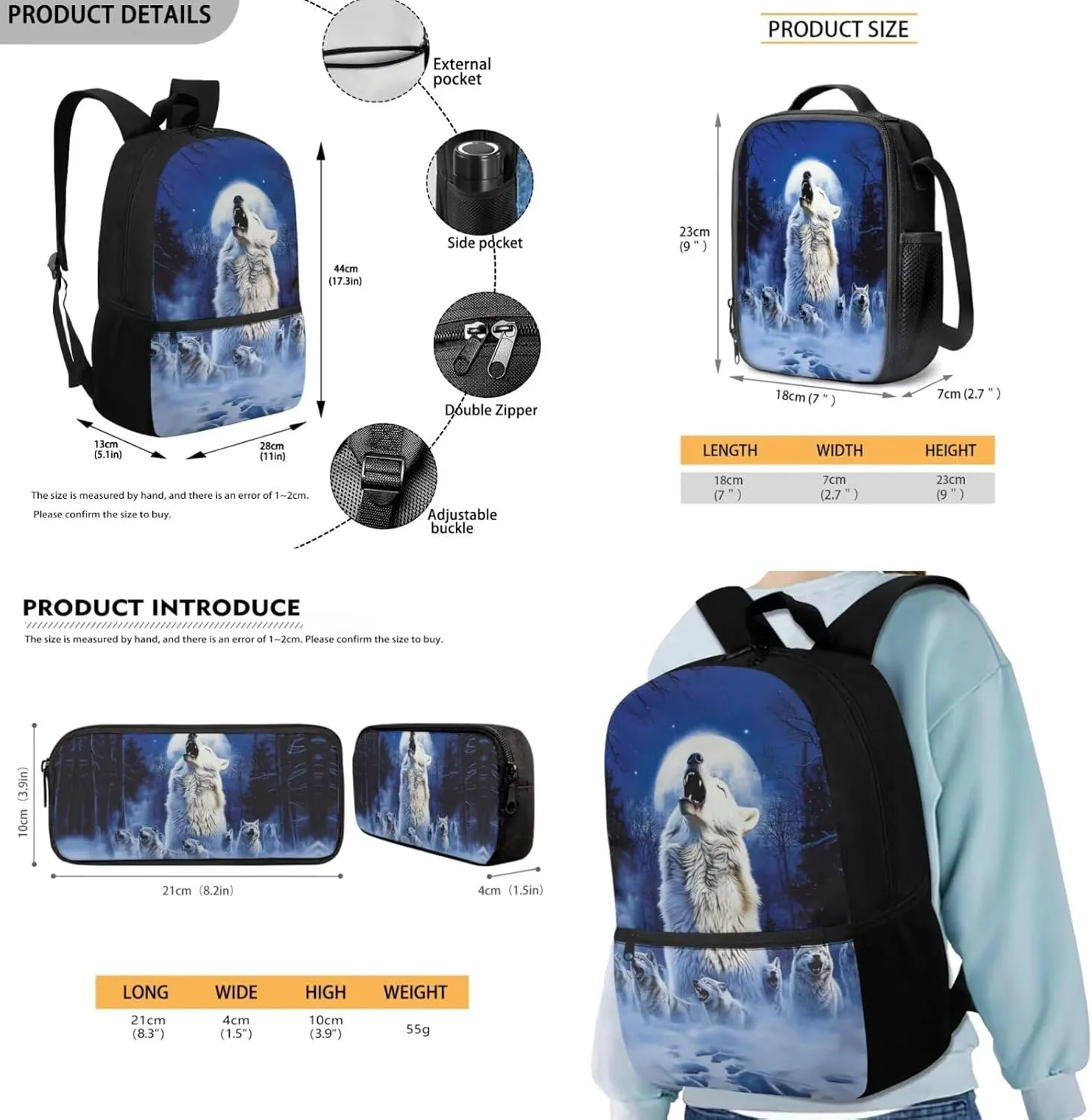 FOR U DESIGNS Wolf Backpack for Kids Trendy School Bag 1 Grade Stylish Kindergarten Bookbag Set with Lunch Box 17 Inch Book Bags for Kids 3 Pcs Travel Daypack