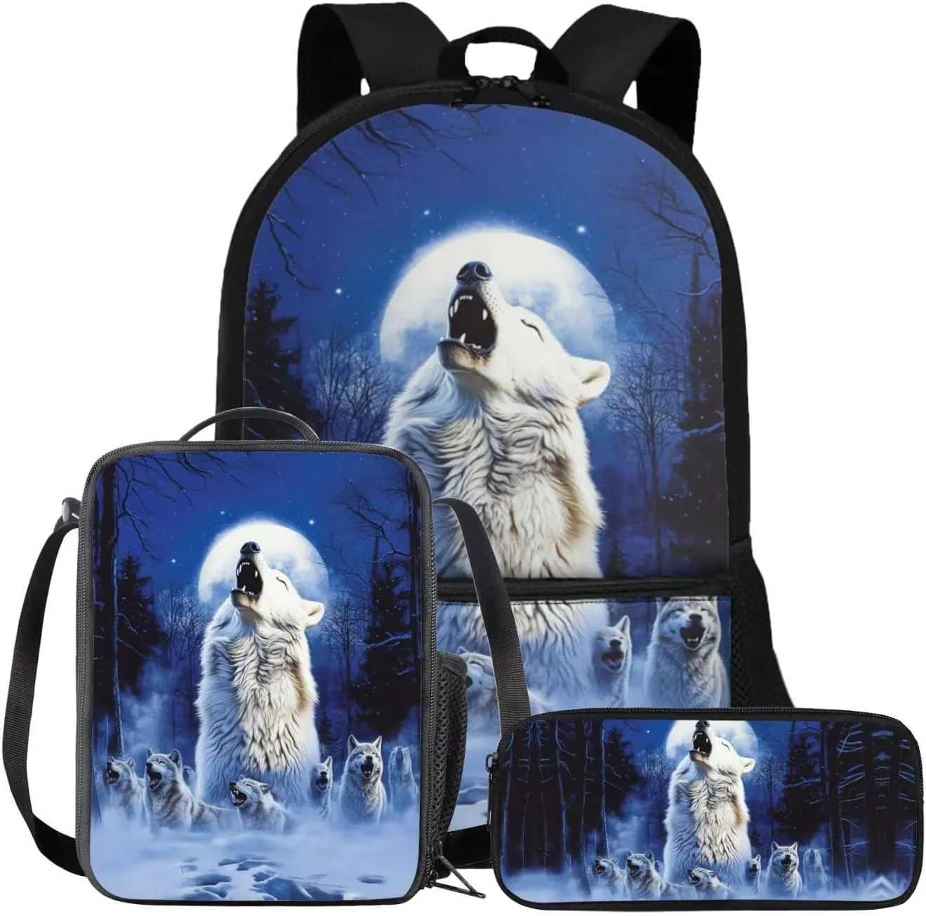 FOR U DESIGNS Wolf Backpack for Kids Trendy School Bag 1 Grade Stylish Kindergarten Bookbag Set with Lunch Box 17 Inch Book Bags for Kids 3 Pcs Travel Daypack