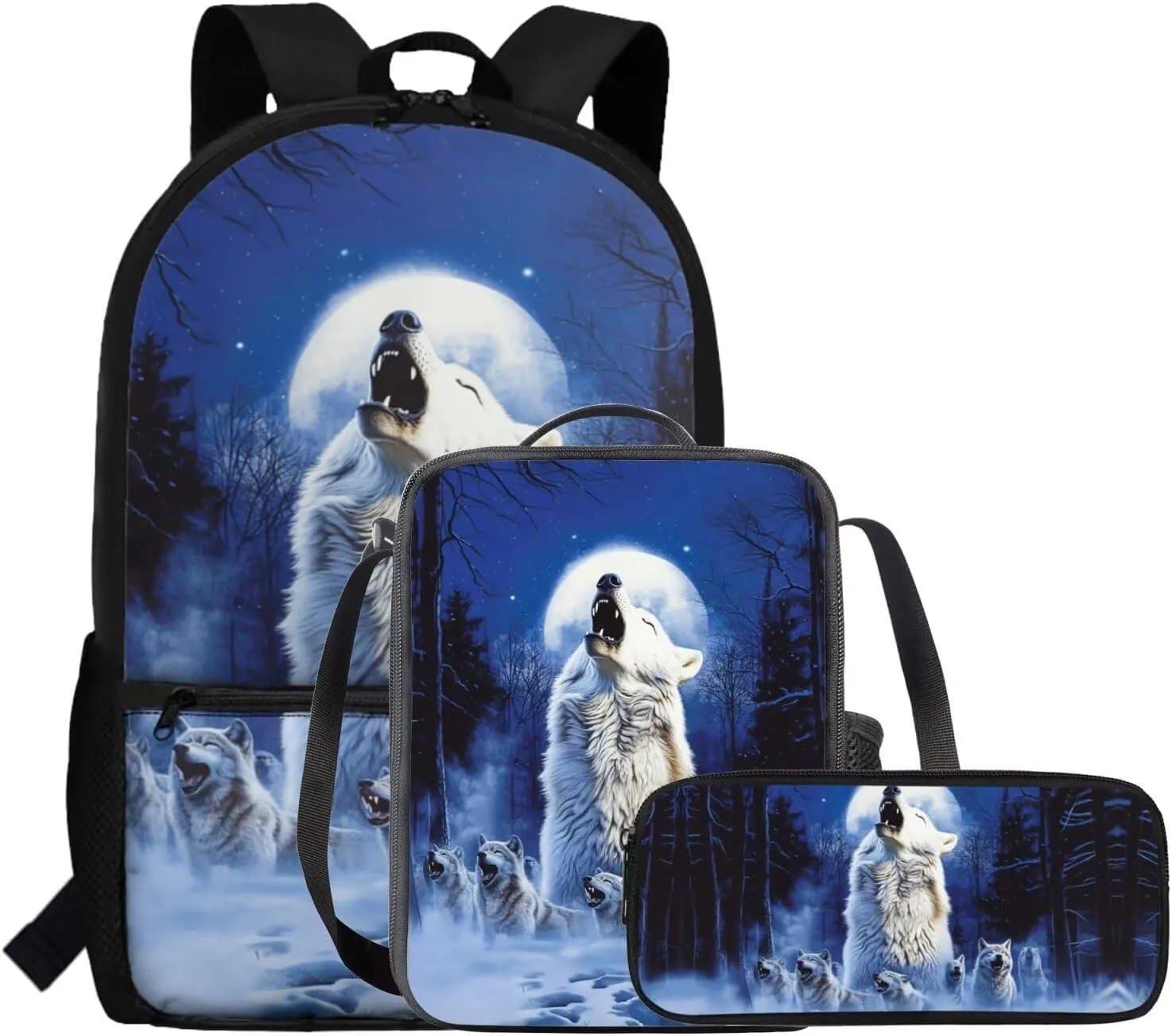FOR U DESIGNS Wolf Backpack for Kids Trendy School Bag 1 Grade Stylish Kindergarten Bookbag Set with Lunch Box 17 Inch Book Bags for Kids 3 Pcs Travel Daypack