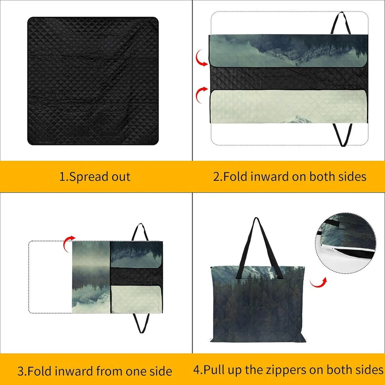 Forest Tree Foggy Moutains Lake Picnic Blanket with Carry Strap Foldable Lightweight Waterproof Sand Mat for Outdoor Camping Summer Beach Mat150x150cm