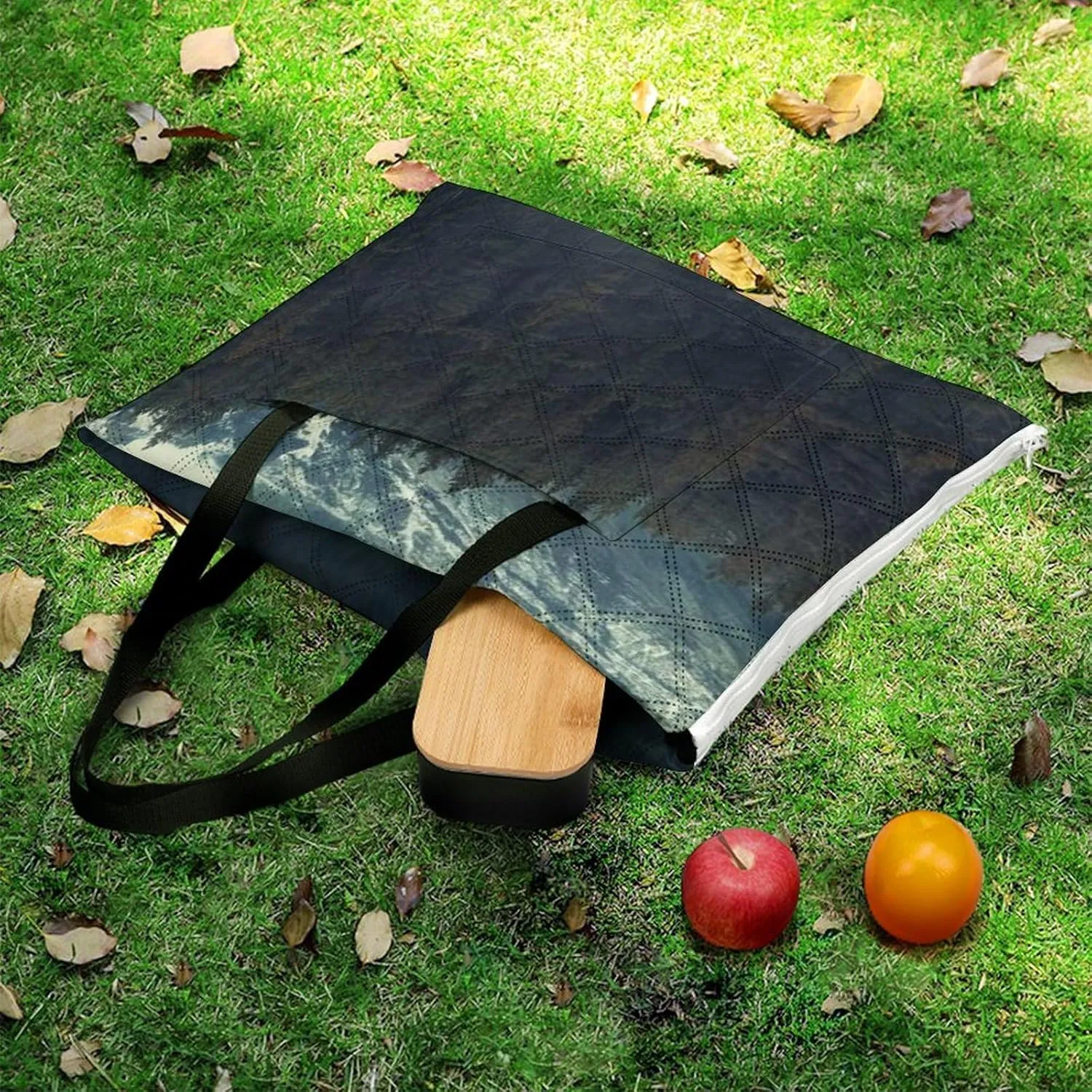 Forest Tree Foggy Moutains Lake Picnic Blanket with Carry Strap Foldable Lightweight Waterproof Sand Mat for Outdoor Camping Summer Beach Mat150x150cm