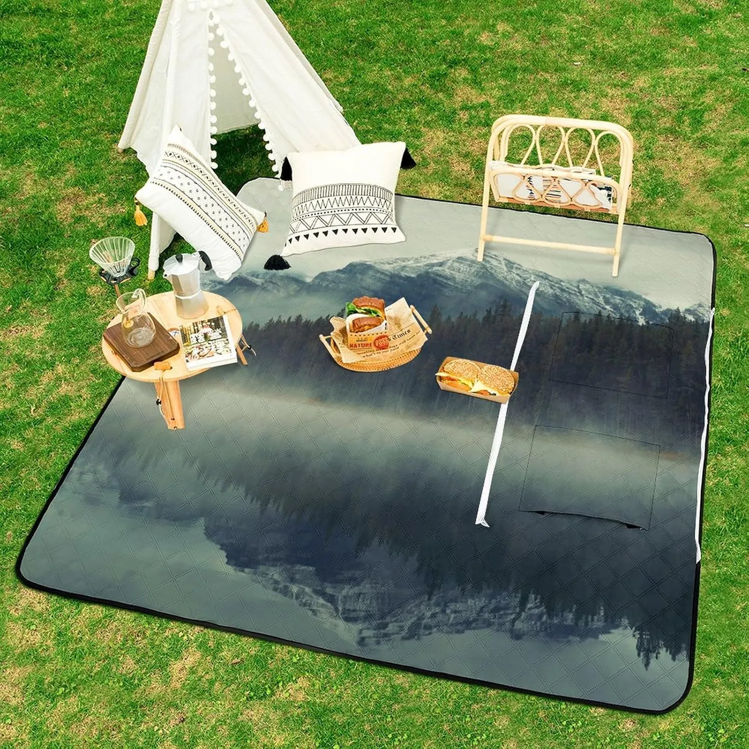 Forest Tree Foggy Moutains Lake Picnic Blanket with Carry Strap Foldable Lightweight Waterproof Sand Mat for Outdoor Camping Summer Beach Mat150x150cm
