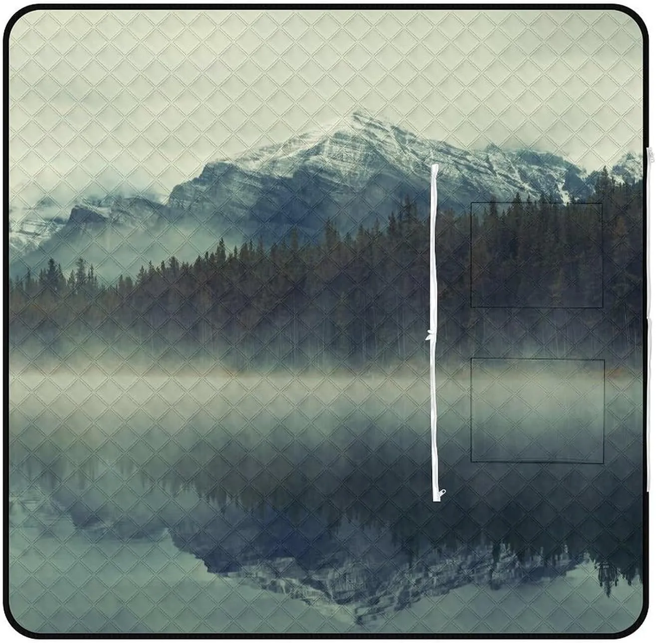 Forest Tree Foggy Moutains Lake Picnic Blanket with Carry Strap Foldable Lightweight Waterproof Sand Mat for Outdoor Camping Summer Beach Mat150x150cm