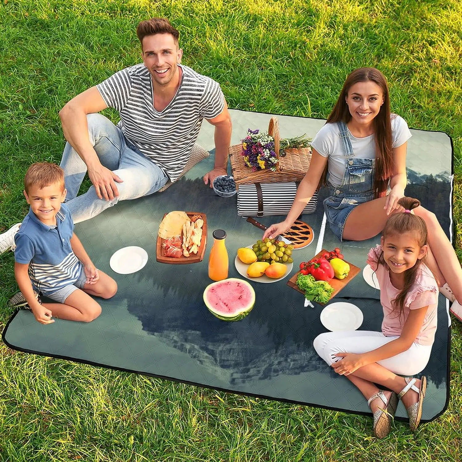 Forest Tree Foggy Moutains Lake Picnic Blanket with Carry Strap Foldable Lightweight Waterproof Sand Mat for Outdoor Camping Summer Beach Mat150x150cm