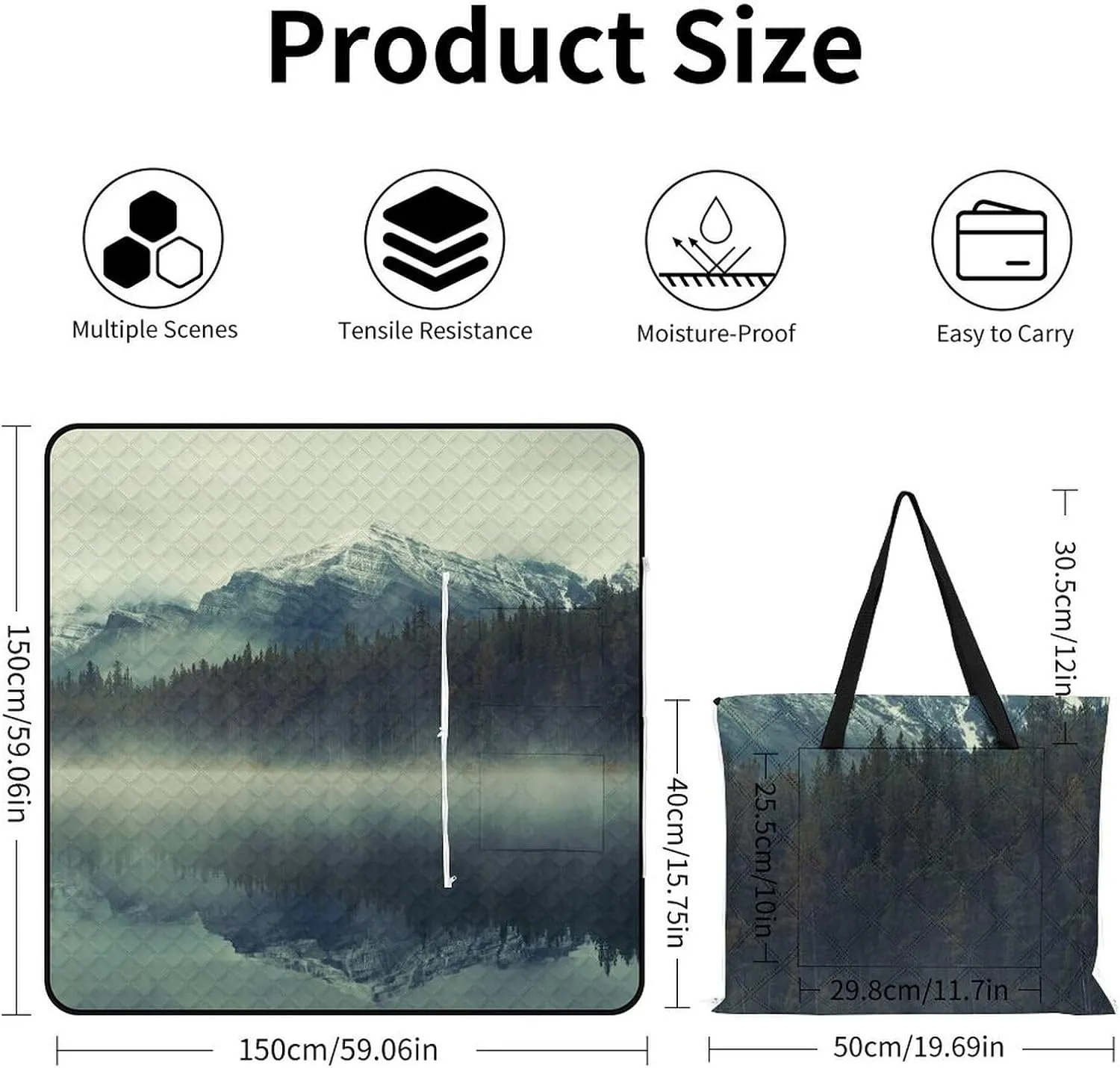 Forest Tree Foggy Moutains Lake Picnic Blanket with Carry Strap Foldable Lightweight Waterproof Sand Mat for Outdoor Camping Summer Beach Mat150x150cm