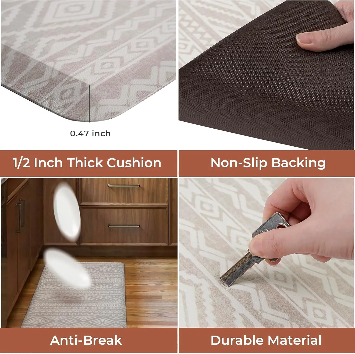 FRESHMINT Boho Kitchen Mat 0.47" Thick Anti-Fatigue Cushioned Kitchen Mats 17.3"x39" for Floor, Waterproof Non Slip Comfort Standing Mat Kitchen Rug for Kitchen Decor Sink Office, Oatmeal Beige