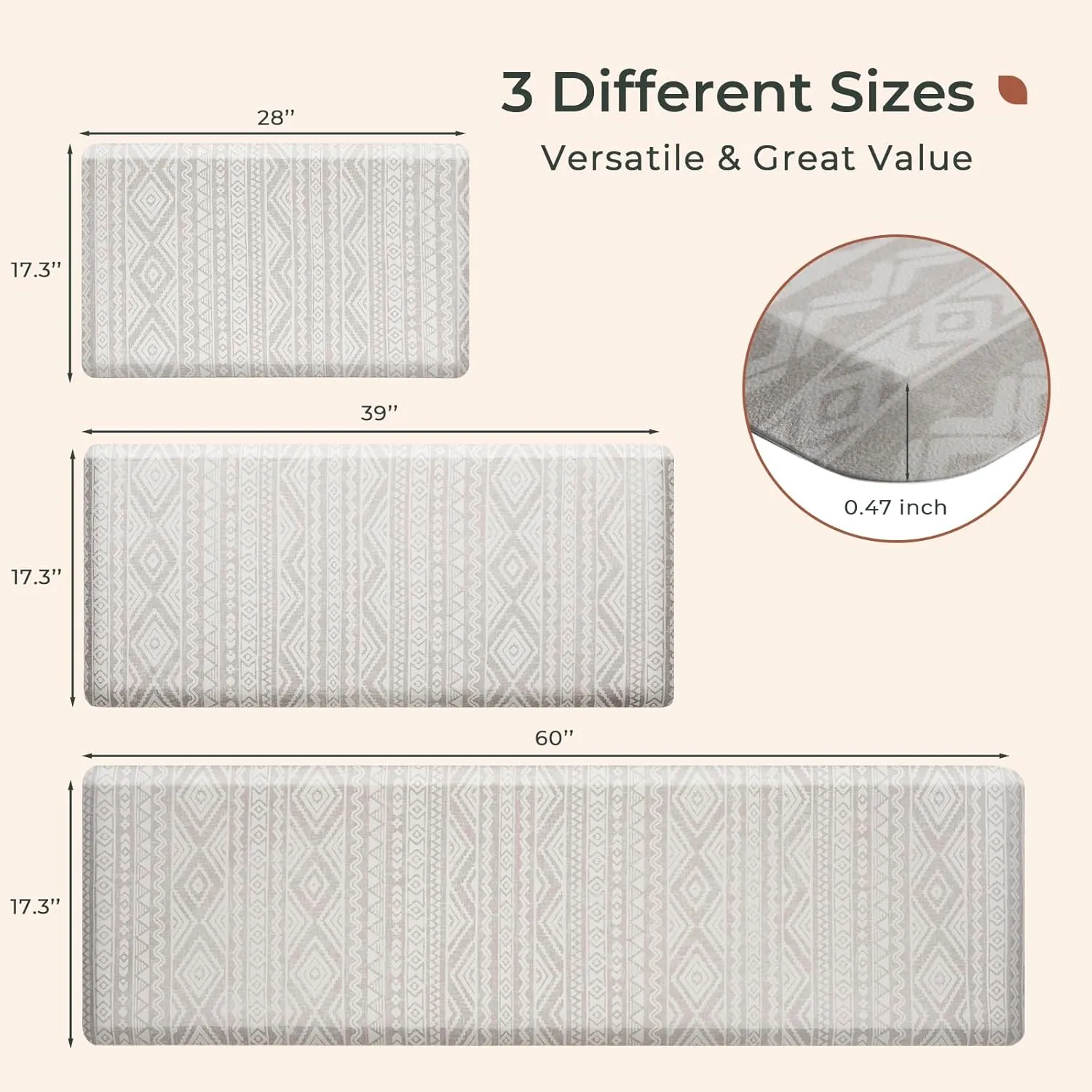 FRESHMINT Boho Kitchen Mat 0.47" Thick Anti-Fatigue Cushioned Kitchen Mats 17.3"x39" for Floor, Waterproof Non Slip Comfort Standing Mat Kitchen Rug for Kitchen Decor Sink Office, Oatmeal Beige