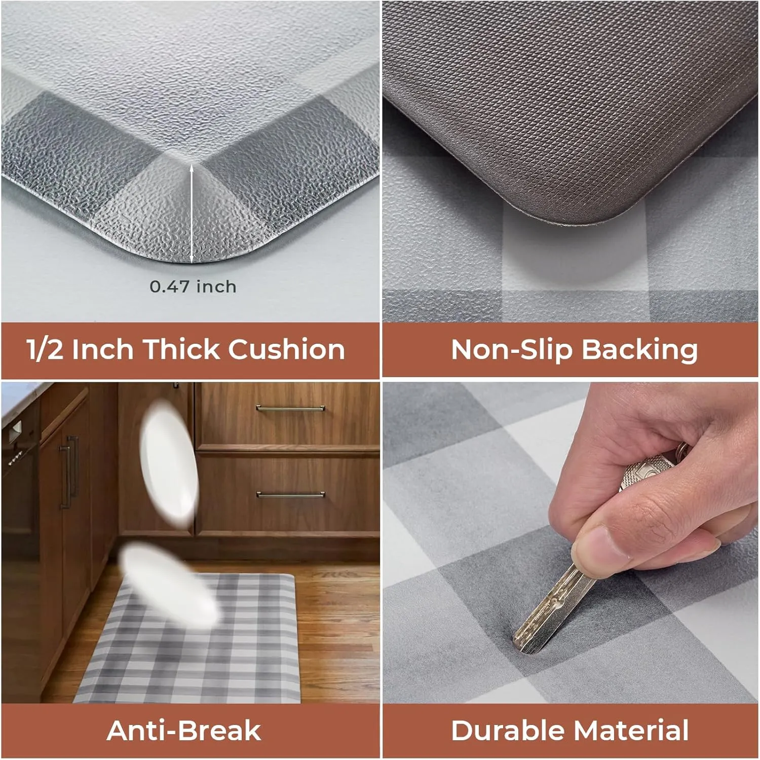 FRESHMINT Farmhouse Kitchen Mat 0.47" Thick 17.3"x60" Anti-Fatigue Cushioned Non-Slip Comfort Standing Mat Long Rug for Decor Sink Office, Buffalo Plaid Light Gray