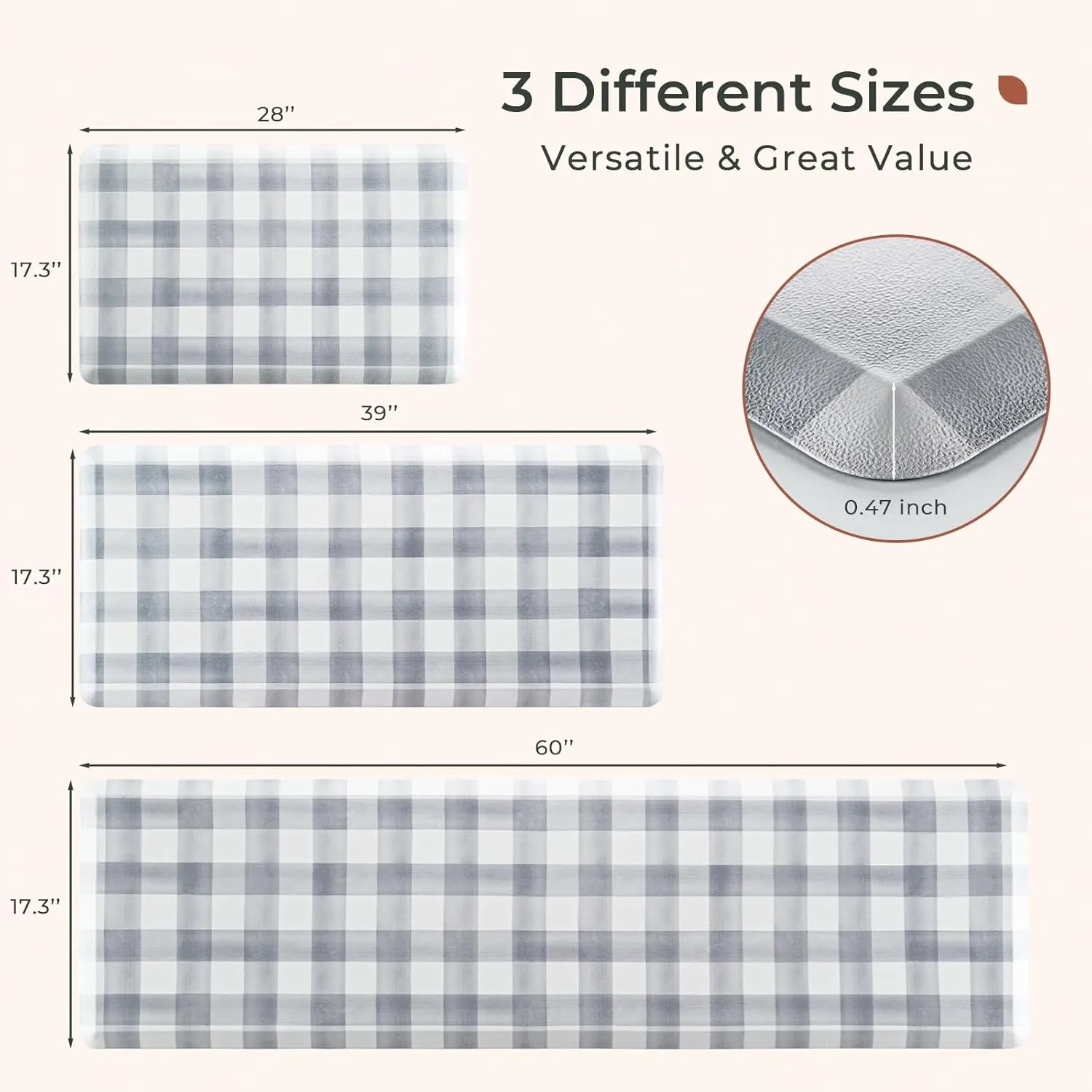 FRESHMINT Farmhouse Kitchen Mat 0.47" Thick 17.3"x60" Anti-Fatigue Cushioned Non-Slip Comfort Standing Mat Long Rug for Decor Sink Office, Buffalo Plaid Light Gray