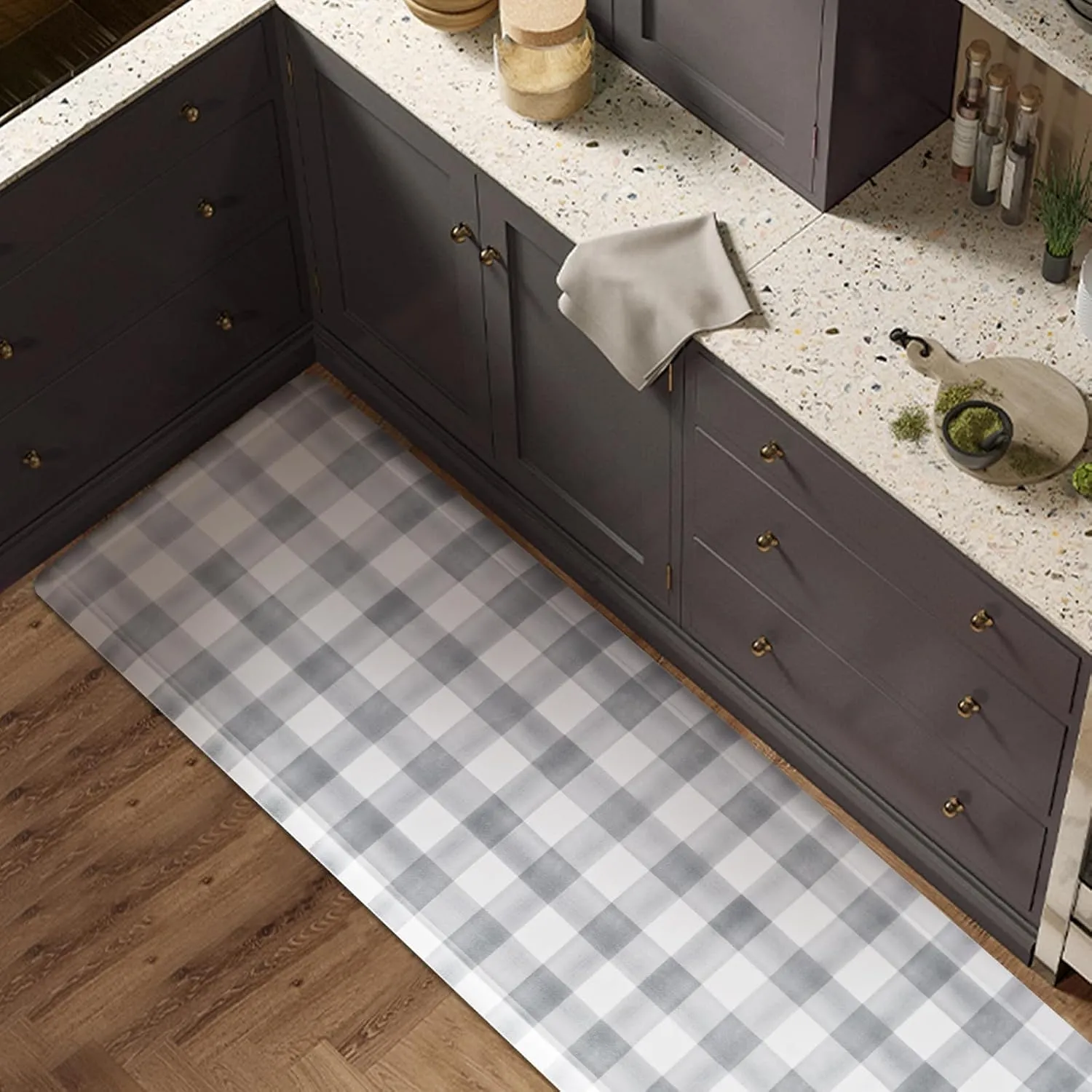 FRESHMINT Farmhouse Kitchen Mat 0.47" Thick 17.3"x60" Anti-Fatigue Cushioned Non-Slip Comfort Standing Mat Long Rug for Decor Sink Office, Buffalo Plaid Light Gray