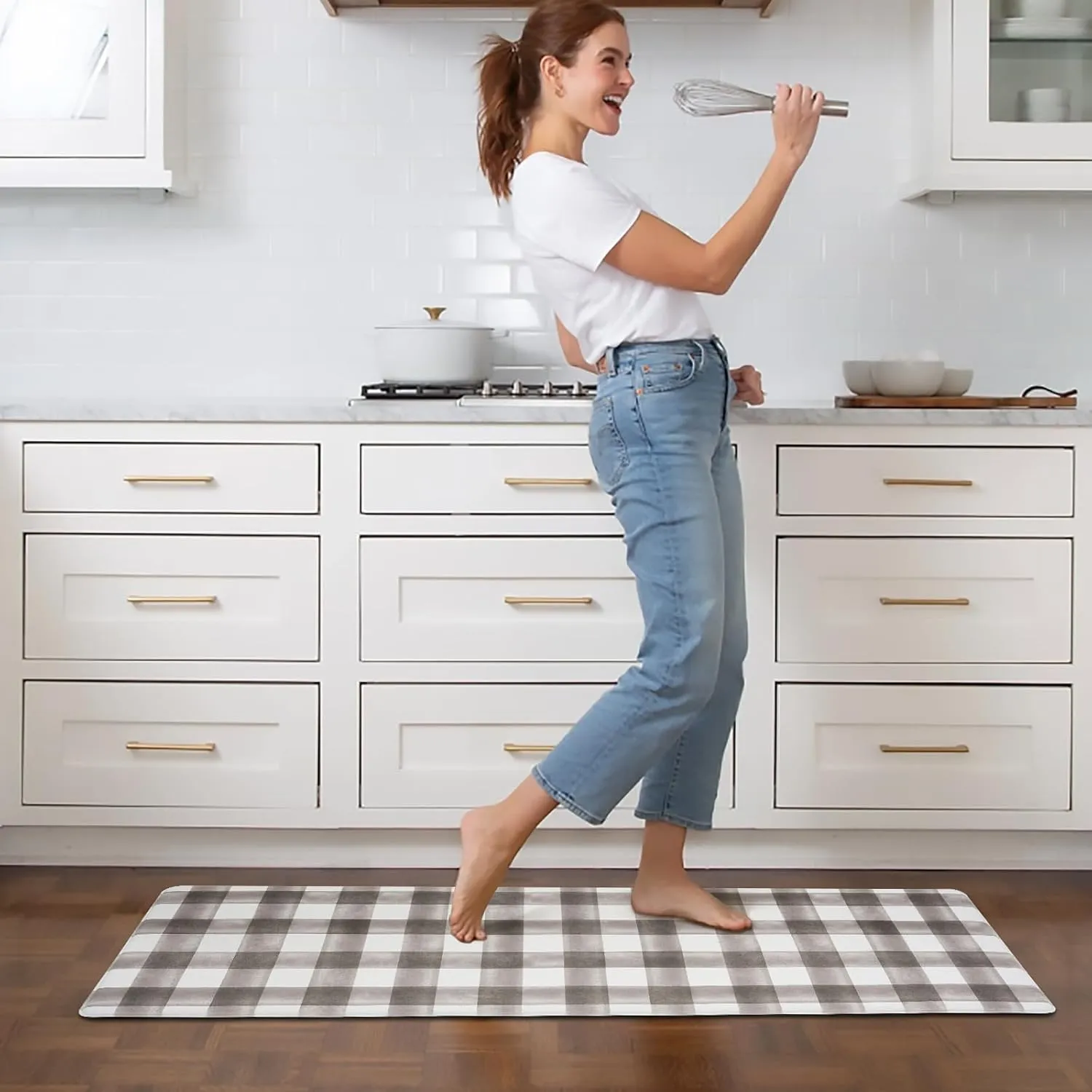 FRESHMINT Modern Farmhouse Plaid 2 Piece Set Kitchen Mats for Floor Anti Fatigue Waterproof & Non-Skid Kitchen Rugs Cushioned Kitchen Mat for Standing Washable Comfort Desk Kitchen Runners