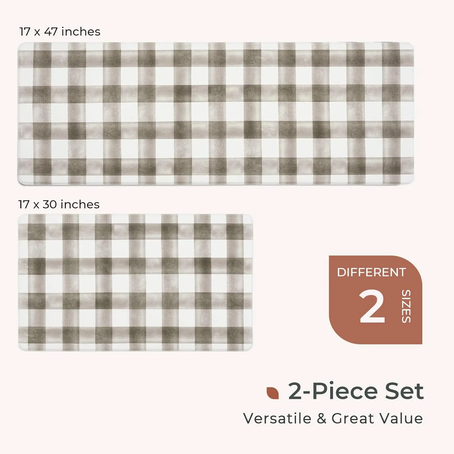 FRESHMINT Modern Farmhouse Plaid 2 Piece Set Kitchen Mats for Floor Anti Fatigue Waterproof & Non-Skid Kitchen Rugs Cushioned Kitchen Mat for Standing Washable Comfort Desk Kitchen Runners