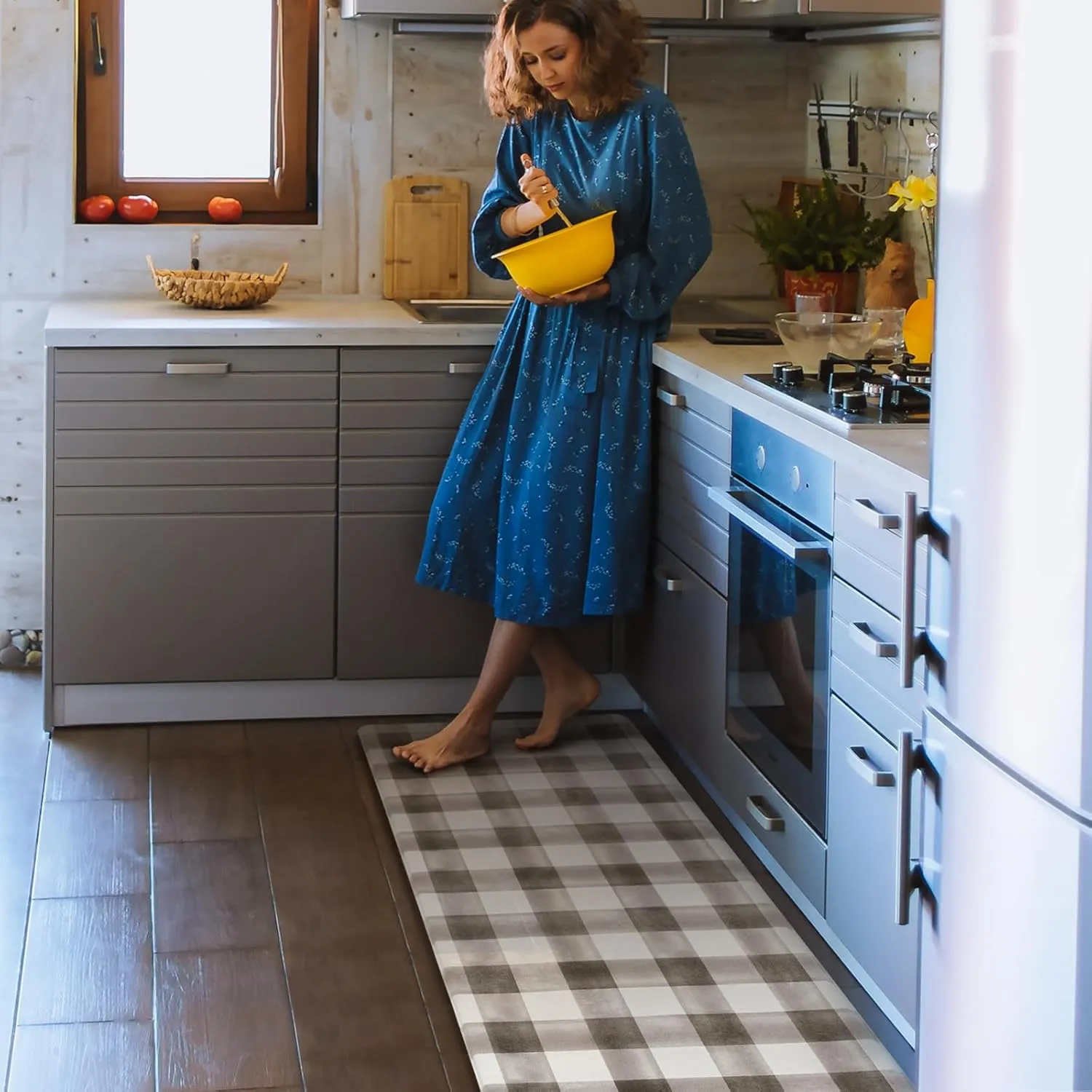 FRESHMINT Modern Farmhouse Plaid 2 Piece Set Kitchen Mats for Floor Anti Fatigue Waterproof & Non-Skid Kitchen Rugs Cushioned Kitchen Mat for Standing Washable Comfort Desk Kitchen Runners