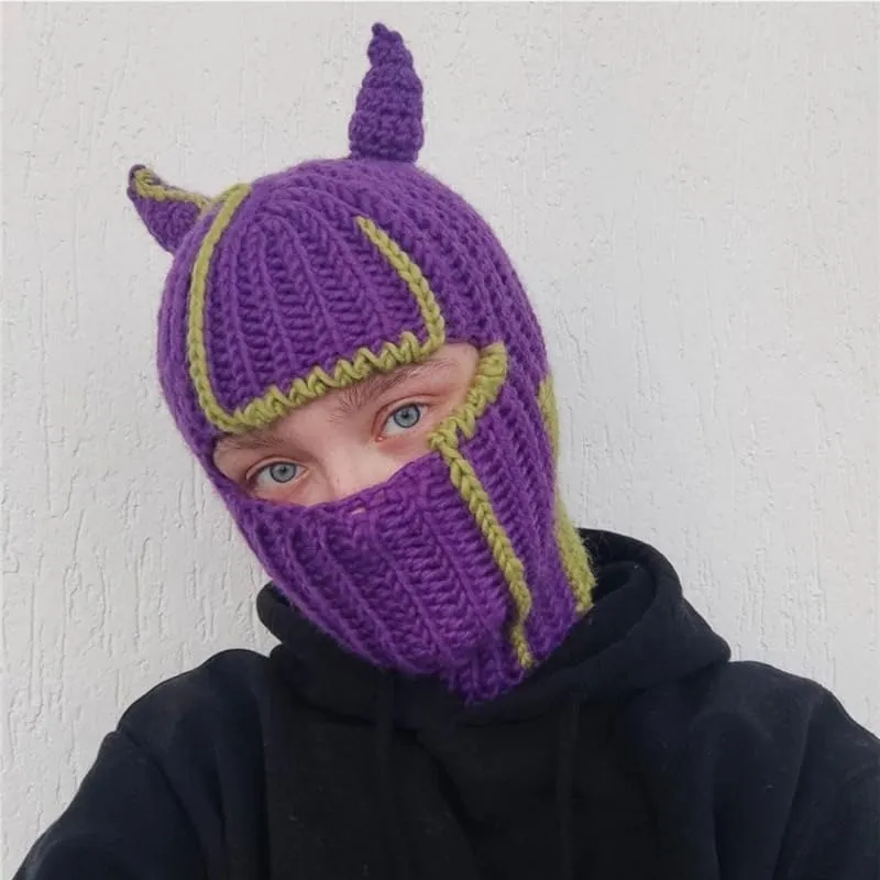 Funny Horns Creative Knitted Hat Beanies Warm Full Face Cover Ski Mask Hat Windproof Balaclava Hat for Men Women