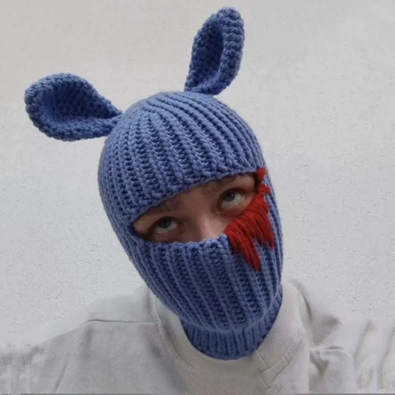 Funny Horns Creative Knitted Hat Beanies Warm Full Face Cover Ski Mask Hat Windproof Balaclava Hat for Men Women