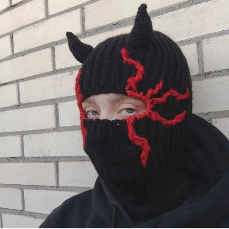 Funny Horns Creative Knitted Hat Beanies Warm Full Face Cover Ski Mask Hat Windproof Balaclava Hat for Men Women