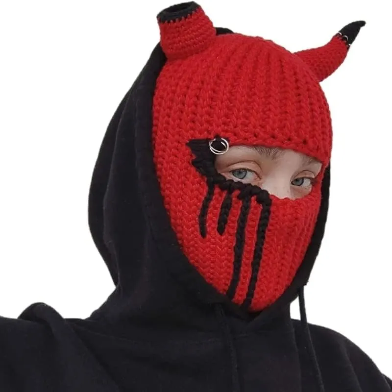 Funny Horns Creative Knitted Hat Beanies Warm Full Face Cover Ski Mask Hat Windproof Balaclava Hat for Men Women
