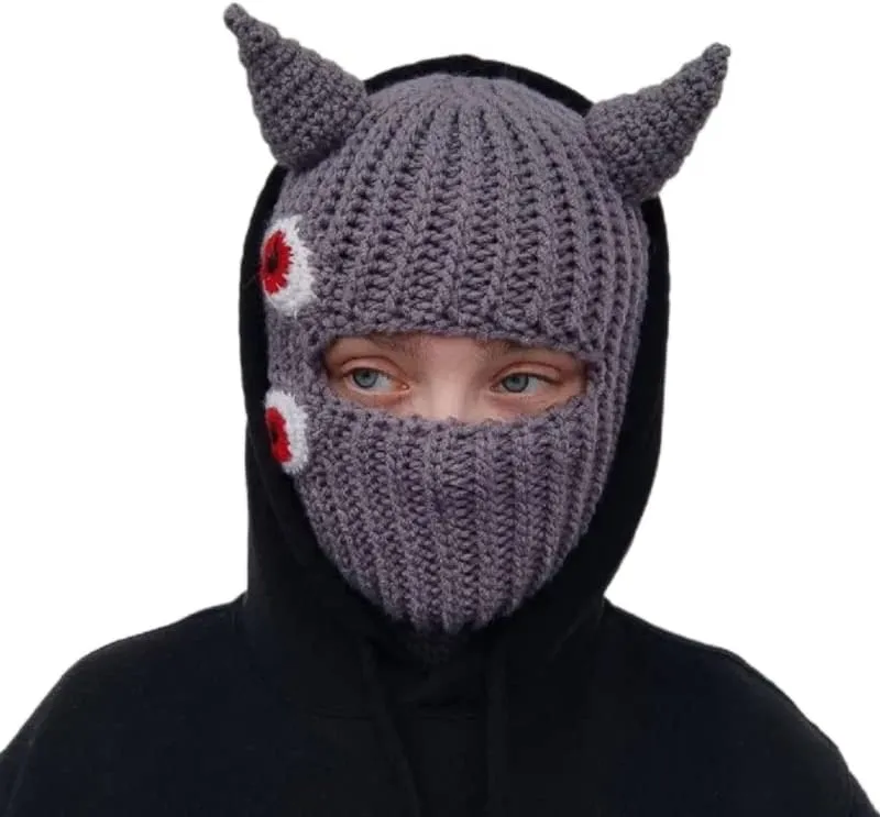 Funny Horns Creative Knitted Hat Beanies Warm Full Face Cover Ski Mask Hat Windproof Balaclava Hat for Men Women