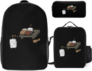Funny Sleepwalking Sushi 17 in Backpack Pencil Case and Lightweight Lunch Bag 3Pcs Set for Work Travel Leisure Day Trip