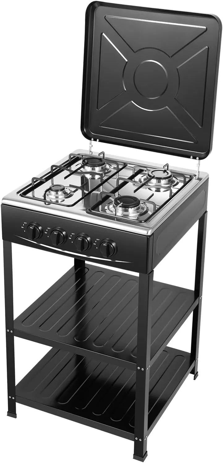 Gas Cooktop Stove Top, Gas Cooktop Countertop 4 Burner Double Storage Layers LPG Power Camp Stove for Home Kitchen Camping, Traveling, Hiking, Black