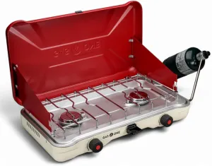 GasOne Portable Camping Stove – Double Propane Stove with Auto Twist Turn Ignition – 22,000 BTU Camping Cooktop with 2 Burners and Wind Guard – Ideal for Tailgating, Fishing, Travel, Red