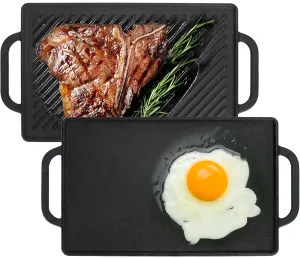 GasSaf Small Cast Iron Griddle 13x8.25 for Double Burner Stove Top, Double Sided Reversible Cooking Pan for Gas Grill Top Outdoor Camping, Gas Stovetop Grill Flat Griddle Pan Cast Iron Kitchen Cooking