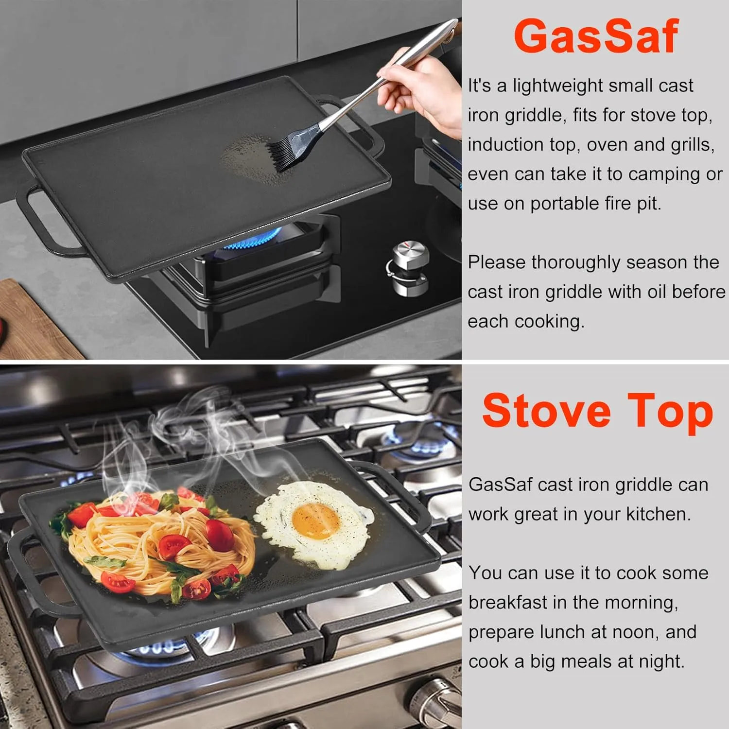 GasSaf Small Cast Iron Griddle 13x8.25 for Double Burner Stove Top, Double Sided Reversible Cooking Pan for Gas Grill Top Outdoor Camping, Gas Stovetop Grill Flat Griddle Pan Cast Iron Kitchen Cooking