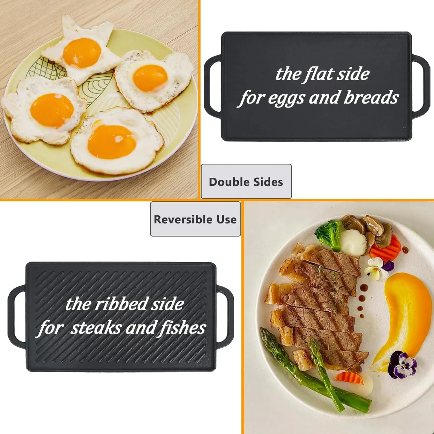 GasSaf Small Cast Iron Griddle 13x8.25 for Double Burner Stove Top, Double Sided Reversible Cooking Pan for Gas Grill Top Outdoor Camping, Gas Stovetop Grill Flat Griddle Pan Cast Iron Kitchen Cooking