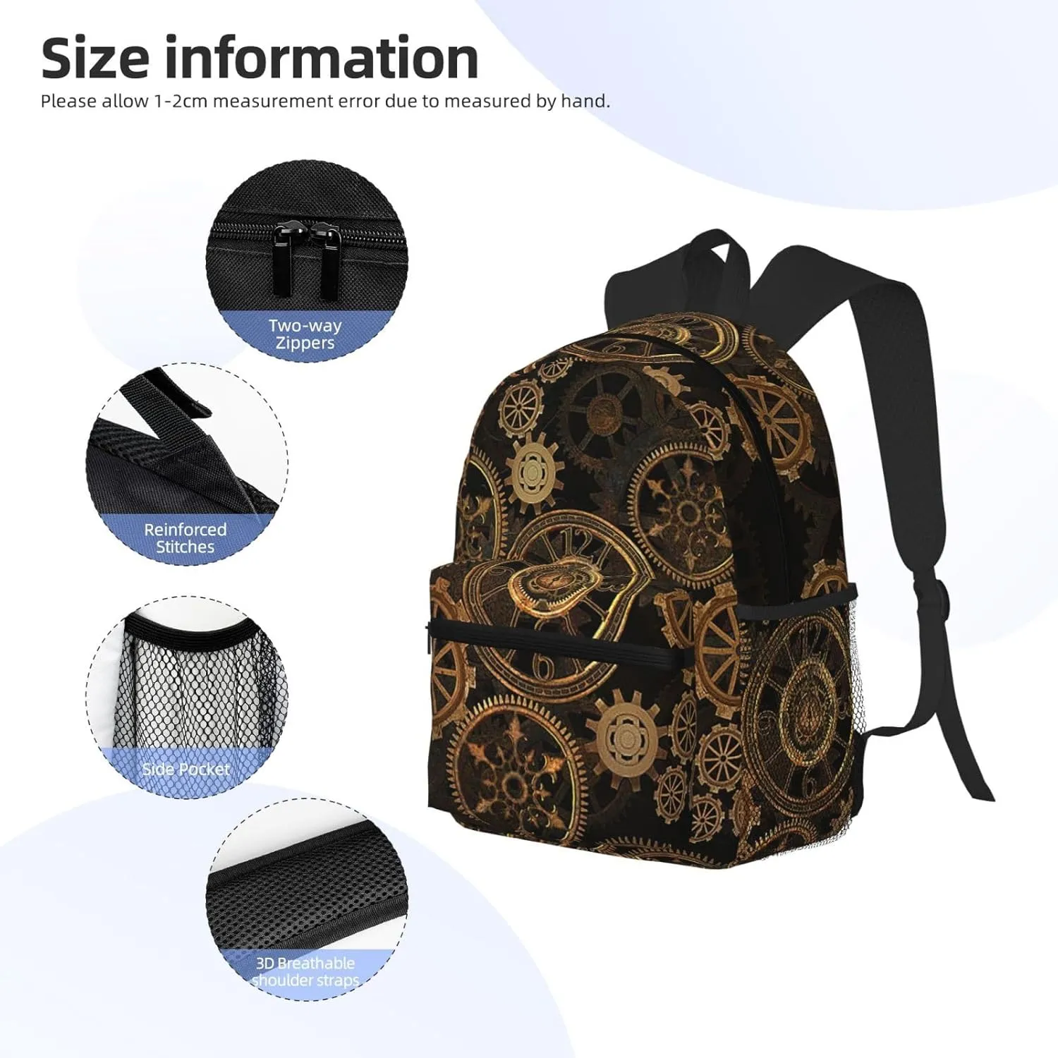 Gears Clock Bronze Century Print Comfortable Backpack,Your Essential Casual Travel Bag For Outdoor Adventures