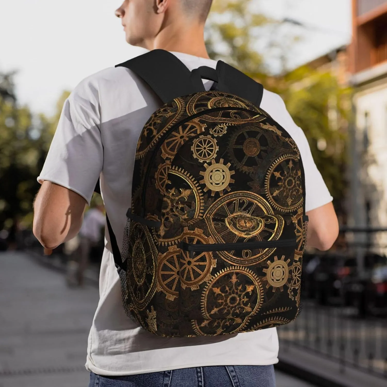 Gears Clock Bronze Century Print Comfortable Backpack,Your Essential Casual Travel Bag For Outdoor Adventures
