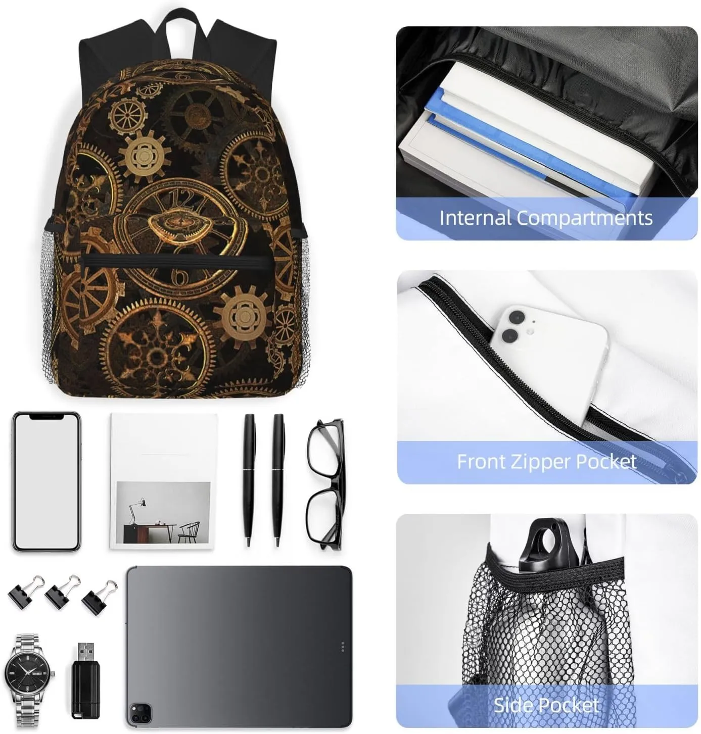 Gears Clock Bronze Century Print Comfortable Backpack,Your Essential Casual Travel Bag For Outdoor Adventures