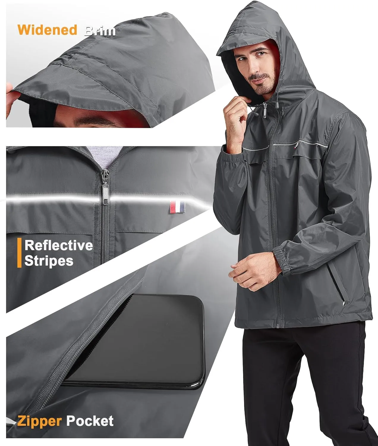 GEEK LIGHTING Mens Waterproof Hooded Rain Jacket Lightweight Raincoat for Outdoor Hiking Running Travel