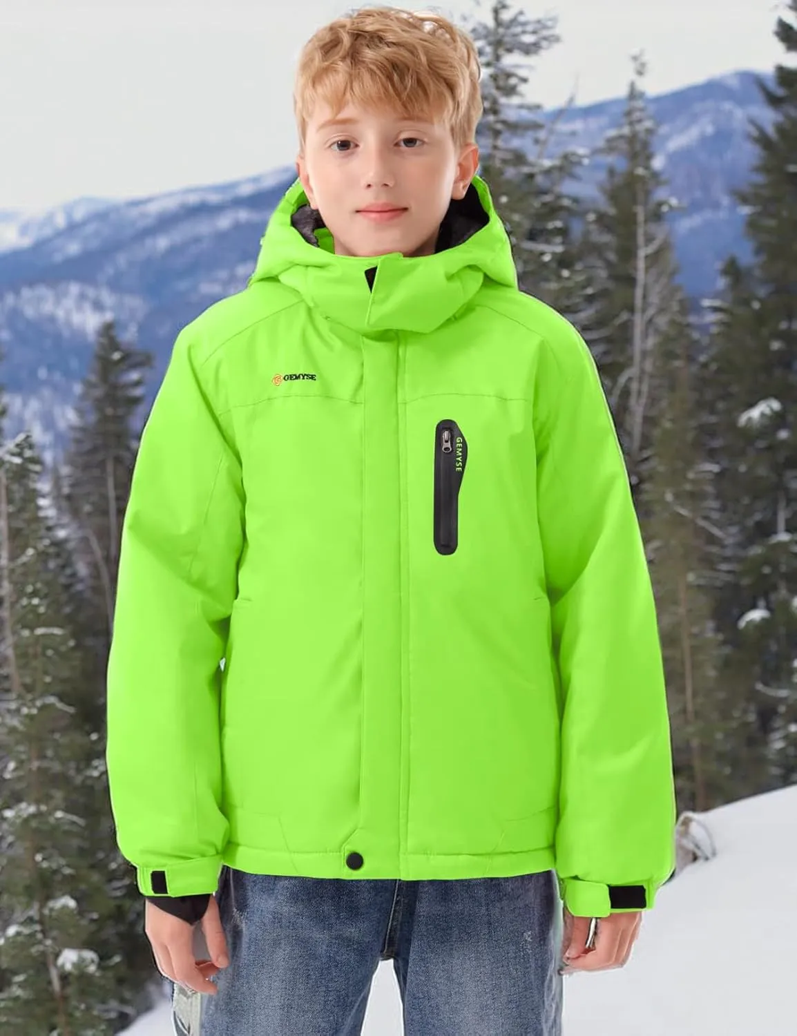 GEMYSE Boy's Waterproof Ski Snow Jacket Hooded Fleece Lined Windproof Winter Jacket