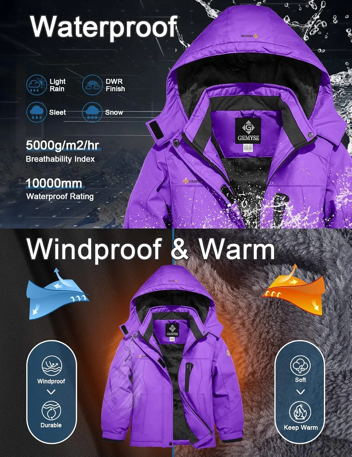 GEMYSE Girl's Waterproof Ski Snow Jacket Hooded Fleece Lined Windproof Winter Jacket