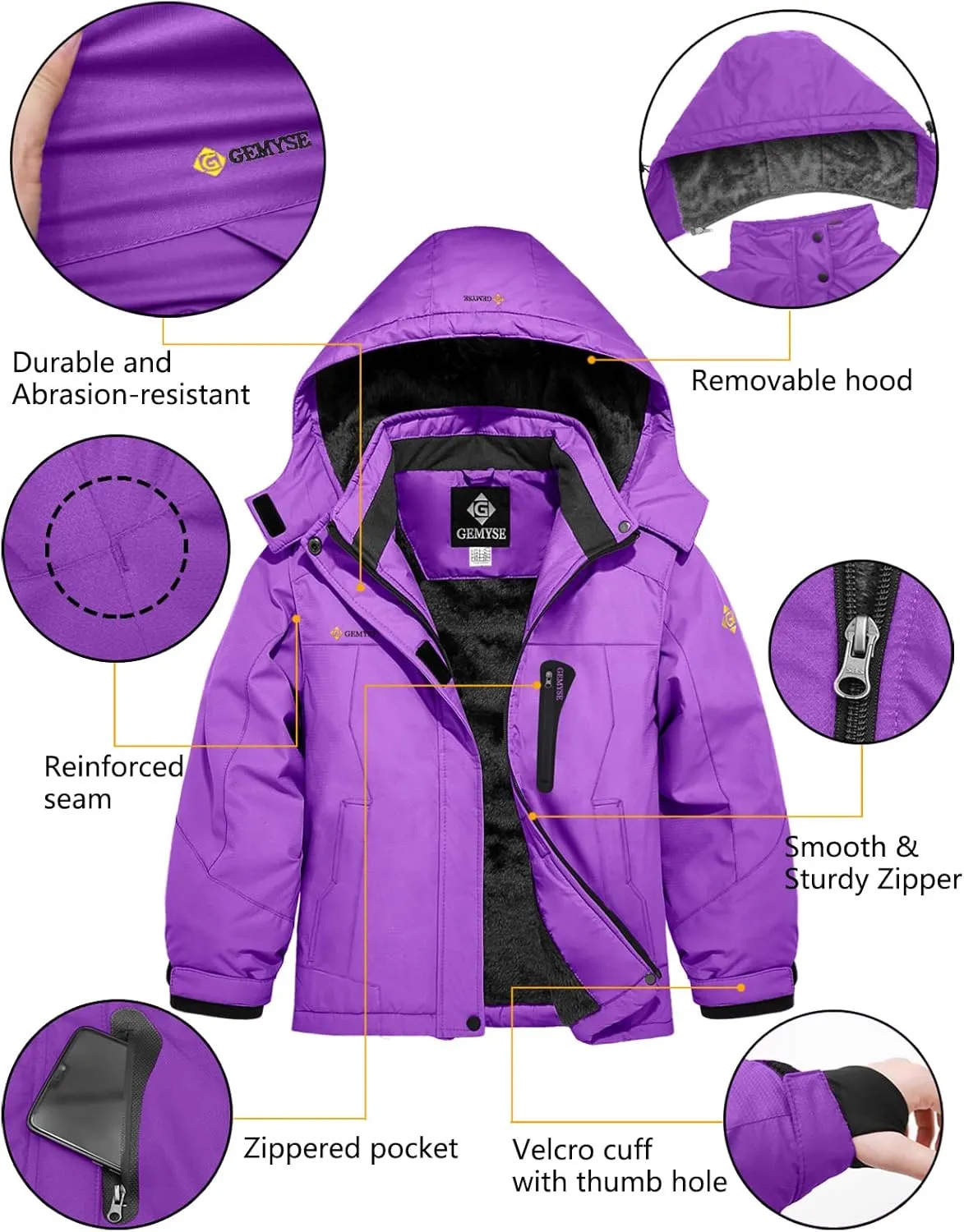 GEMYSE Girl's Waterproof Ski Snow Jacket Hooded Fleece Lined Windproof Winter Jacket