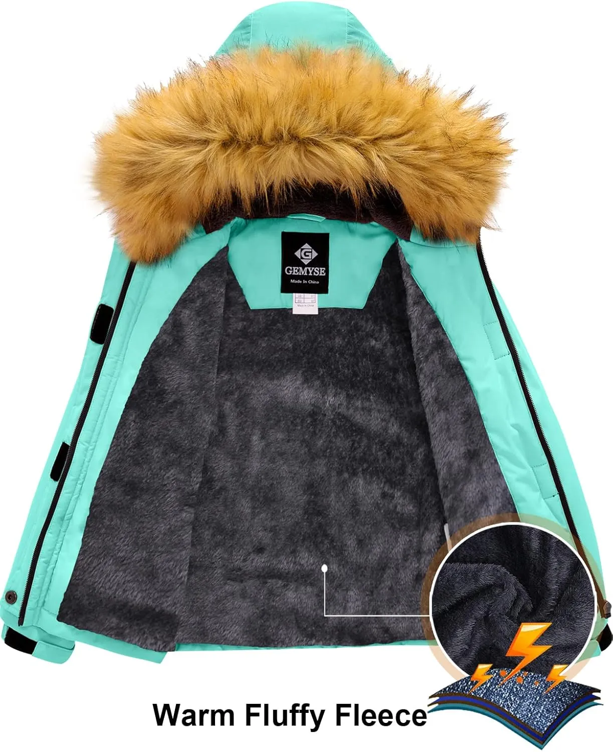 GEMYSE Girl's Winter Waterproof Ski Snow Jacket Fleece Windproof Jacket with Hood