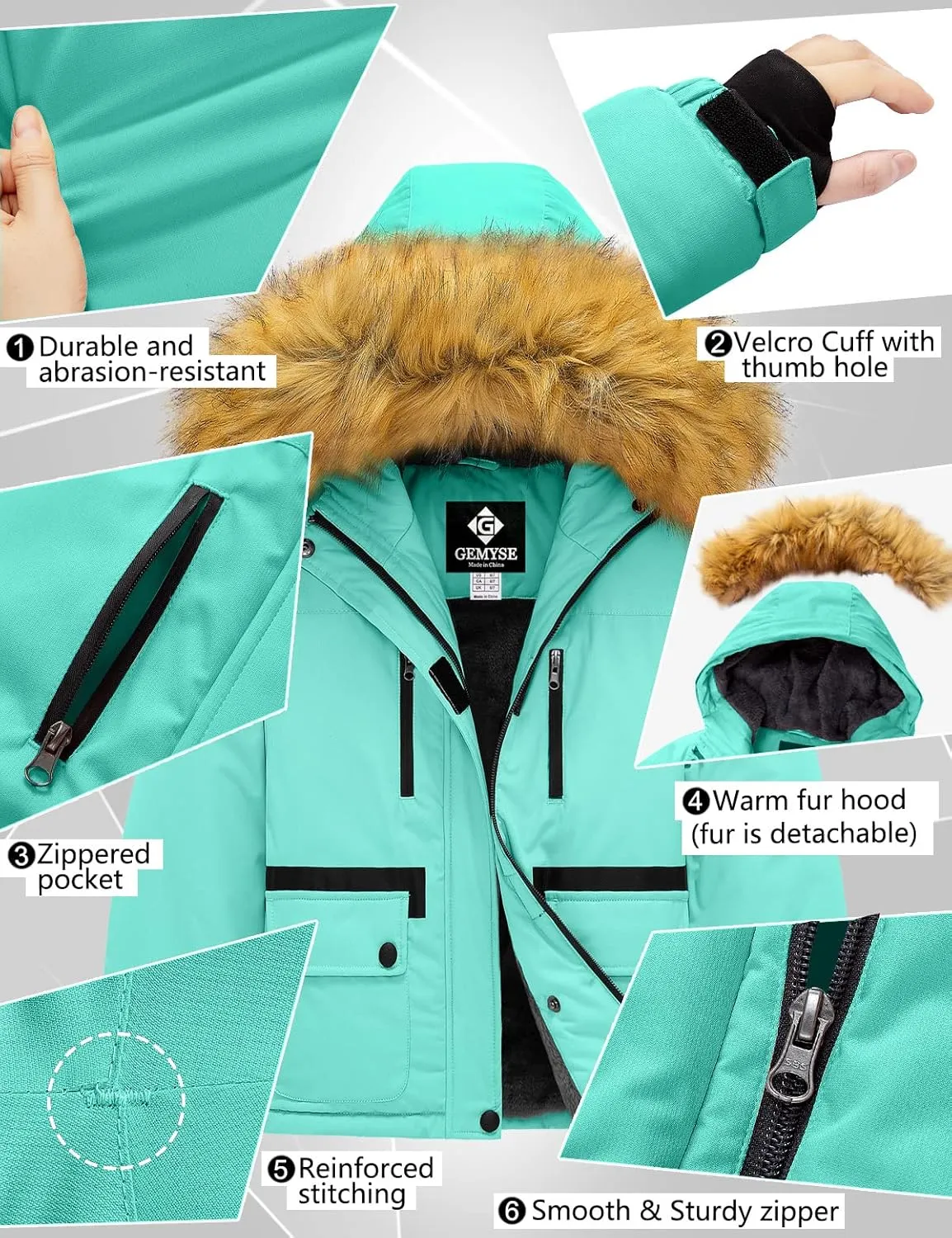 GEMYSE Girl's Winter Waterproof Ski Snow Jacket Fleece Windproof Jacket with Hood