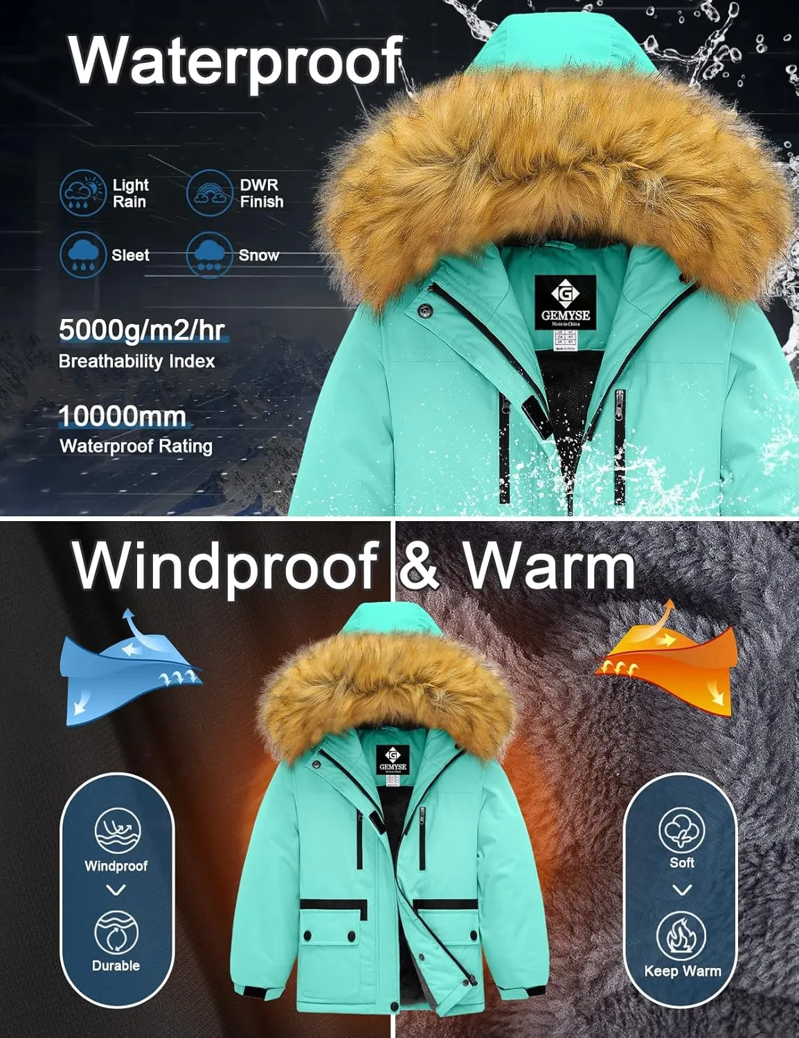 GEMYSE Girl's Winter Waterproof Ski Snow Jacket Fleece Windproof Jacket with Hood