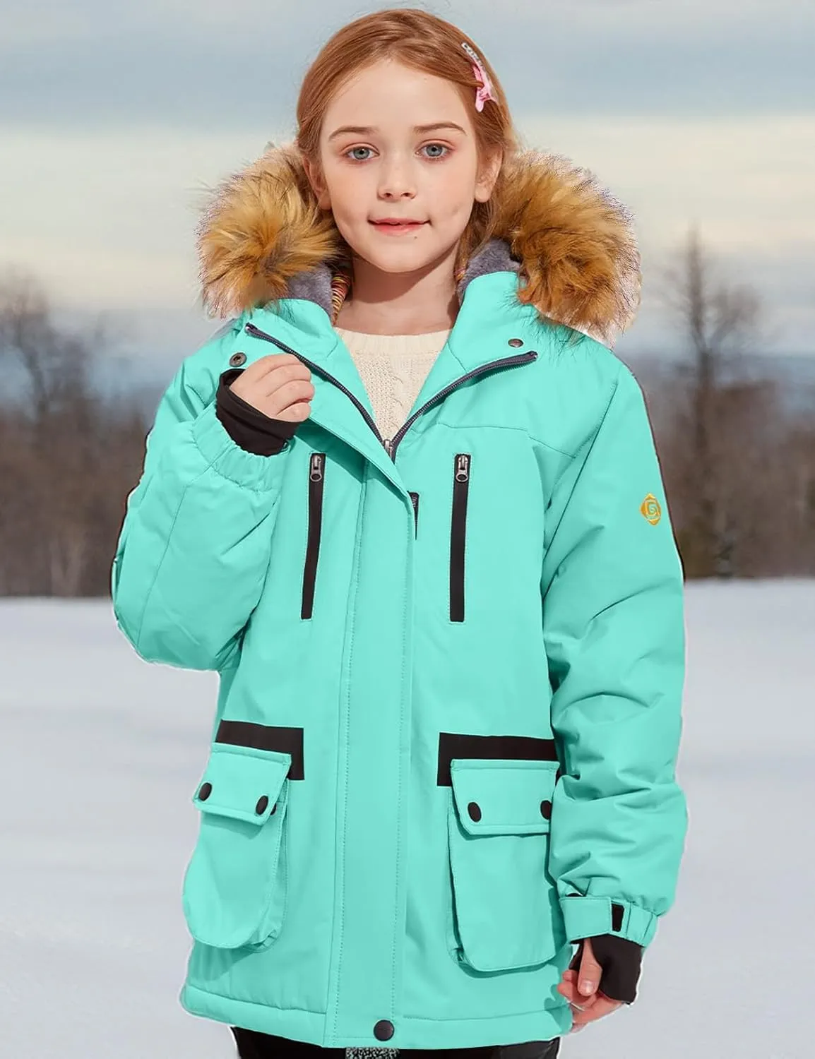 GEMYSE Girl's Winter Waterproof Ski Snow Jacket Fleece Windproof Jacket with Hood