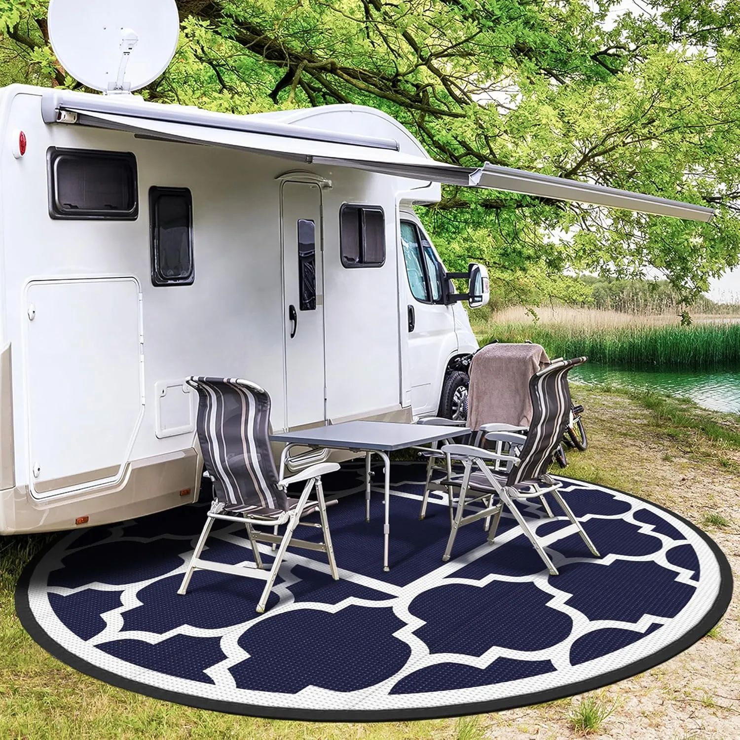 GENIMO 10 ' Round Outdoor Rug for Patio, Waterproof Indoor Outdoor Plastic Straw Rugs Carpet, Reversible Outside Area Mat for Camping, Balcony Porch, Deck, Picnic, Blue White