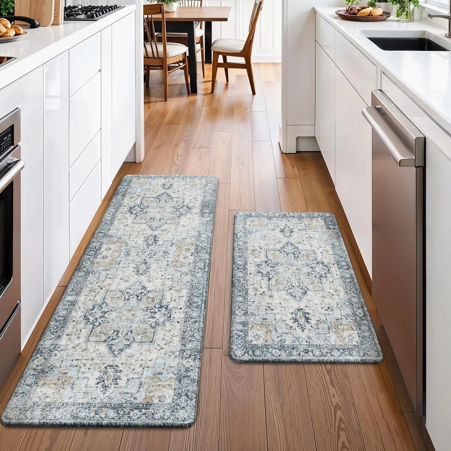 GENIMO Kitchen Mats for Floor 2PCs, Washable Anti Fatigue Mat for Cushioned, 17.3"x47" 17.3"x30", 0.4 inch, Waterproof Kitchen Rug, Non Slip Standing Mat for Home, Runner, Office, Laundry, Light Blue